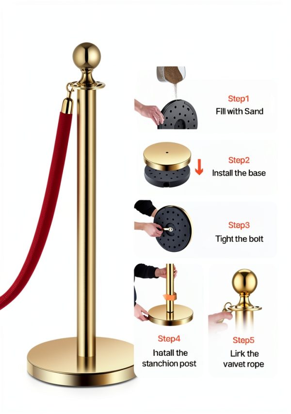 VEVOR Stanchions and Velvet Ropes 6Pcs Gold Base with Stainless Posts-3
